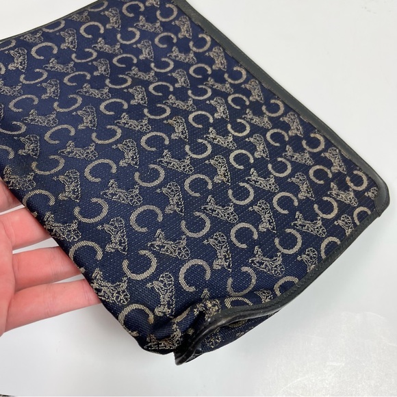 CELINE Clutch Bag C Macadam Blue Logo Carriage Cloth Nylon Leather Purse